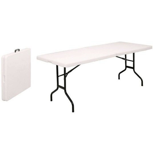 Mesa plegable tipo maleta blanca de 183 cm con asa – portátil para interior y exterior