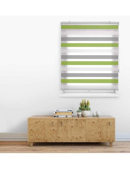 Estor enrollable Horizon doble tejido gris pistacho regulación luz ventana moderno