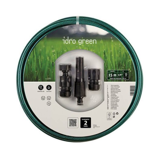 Manguera de riego Idro Green Fitt de 15 m con 15 mm de diámetro y 4 accesorios incluidos para jardín y huerto.