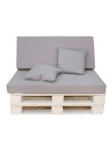 Conjunto de cojines para palet gris claro con asiento, respaldo y cojines decorativos para jardín o terraza.