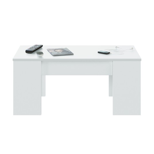 Mesa de centro elevable Fores blanco artik con tapa levantada