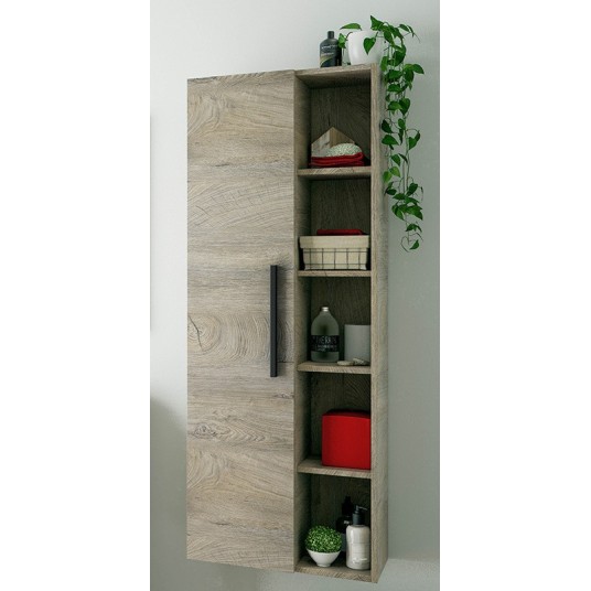 Columna de baño Athena roble Alaska con puerta y estantes abiertos.