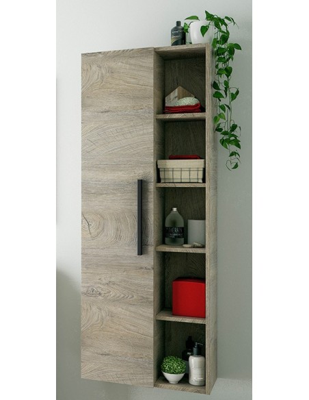 Columna de baño Athena roble Alaska con puerta y estantes abiertos.