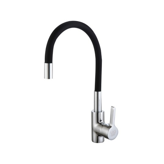 Grifo de cocina Timanfaya monomando con caño alto curvo flexible, acabado cromado y negro, cartucho cerámico y cuerpo de latón.