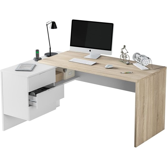 Mesa de escritorio Office Buc en blanco Artik y roble Canadian con cajonera reversible y 3 cajones.