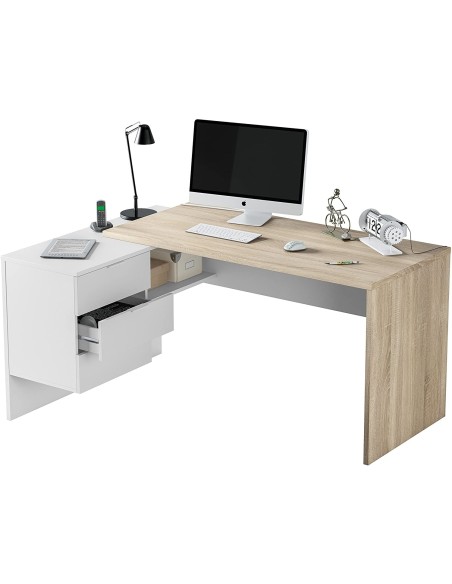 Mesa de escritorio Office Buc en blanco Artik y roble Canadian con cajonera reversible y 3 cajones.