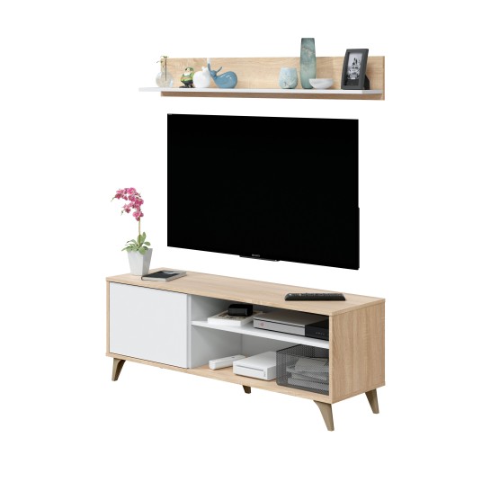 Mueble de TV Kikua blanco artik y roble Canadian con baldas abiertas, puerta push y estantería a juego.