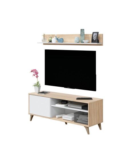 Mueble de TV Kikua blanco artik y roble Canadian con baldas abiertas, puerta push y estantería a juego.