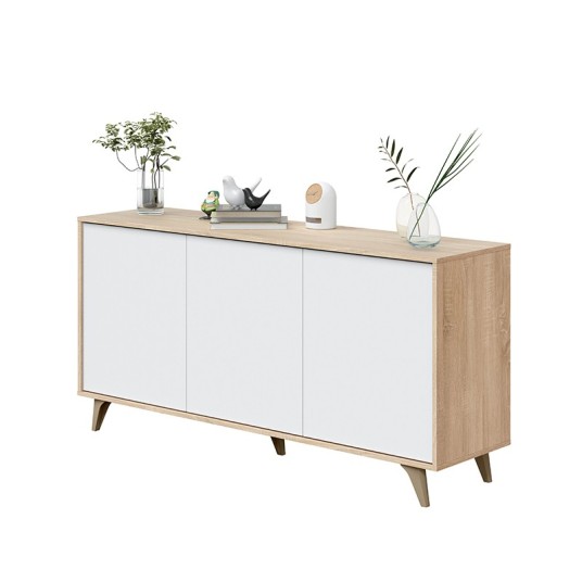 Aparador Kikua Plus de estilo nórdico en blanco artik y roble Canadian con puertas Push y patas inclinadas
