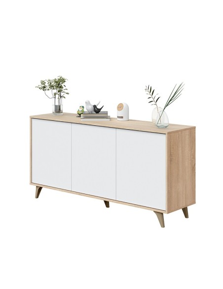 Aparador Kikua Plus de estilo nórdico en blanco artik y roble Canadian con puertas Push y patas inclinadas