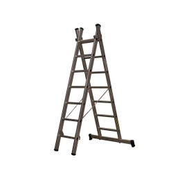 Escalera industrial de aluminio 2x7 peldaños Litan, extensible y convertible, altura máxima 3,25 m, ligera y resistente.