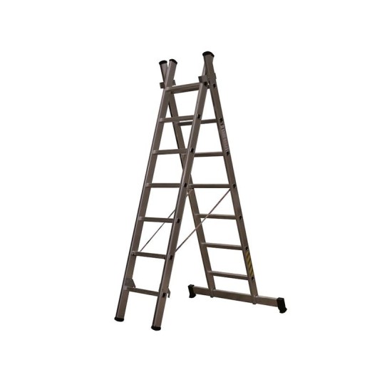 Escalera industrial de aluminio 2x7 peldaños Litan, extensible y convertible, altura máxima 3,25 m, ligera y resistente.