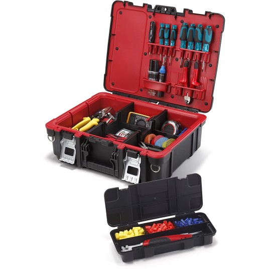Maletín técnico negro/rojo con divisores personalizables, porta herramientas interno y sistema de bloqueo de acero.