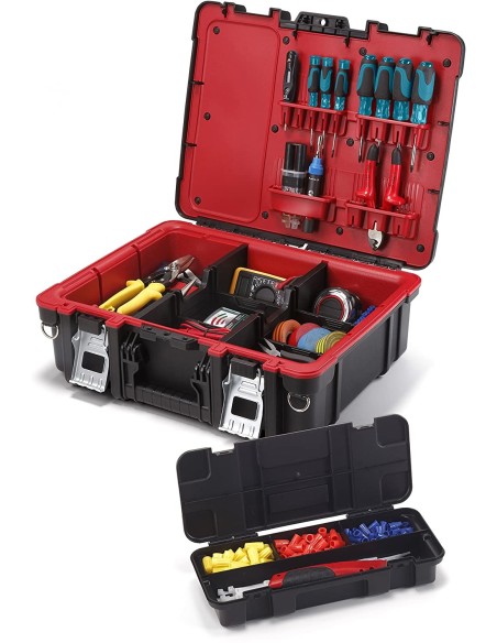Maletín técnico negro/rojo con divisores personalizables, porta herramientas interno y sistema de bloqueo de acero.