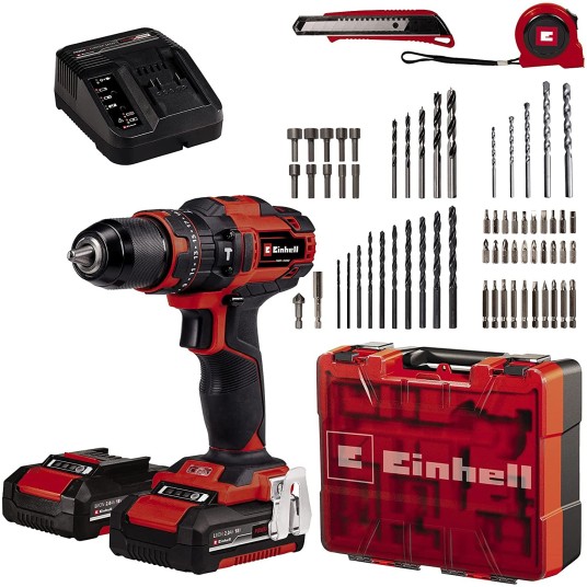 Taladro atornillador percutor EINHELL 18V Power X-Change con 2 baterías y 64 accesorios en maletín.