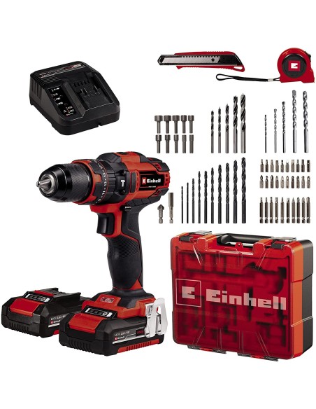 Taladro atornillador percutor EINHELL 18V Power X-Change con 2 baterías y 64 accesorios en maletín.