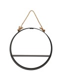 Estantería de pared redonda metálica Irena con asa de cáñamo y estante de madera – estilo decorativo boho chic