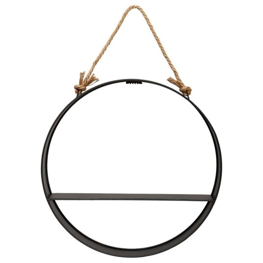 Estantería de pared redonda metálica Irena con asa de cáñamo y estante de madera – estilo decorativo boho chic