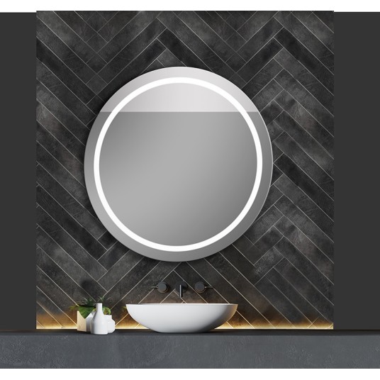 Detalle del espejo Iris con luz LED perimetral en el contorno del cristal