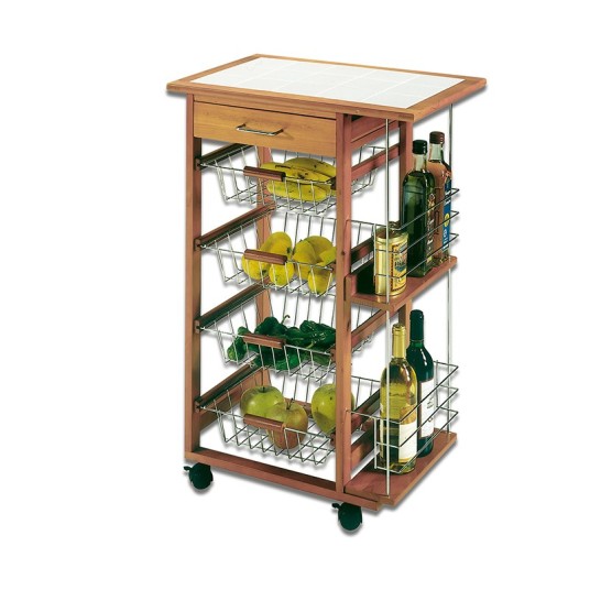 Carro de cocina de madera con tapa de azulejos y 4 cestas