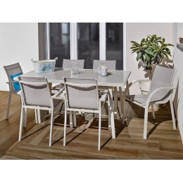 Mesa de comedor de jardín con estructura de acero crema y encimera de cristal templado, para 4-6 personas, diseño moderno