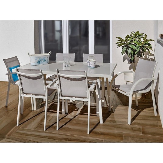 Mesa de comedor de jardín con estructura de acero crema y encimera de cristal templado, para 4-6 personas, diseño moderno