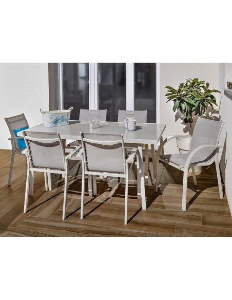 Mesa de comedor de jardín con estructura de acero crema y encimera de cristal templado, para 4-6 personas, diseño moderno