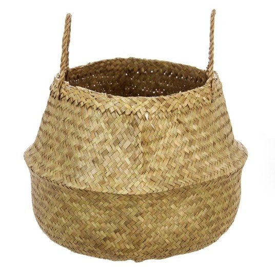 Cesta redonda de mimbre con asas, 43,5x29 cm. Almacenamiento funcional y decorativo, ideal para salones, dormitorios o baños.