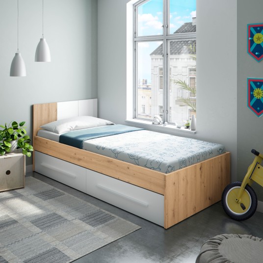 Cama juvenil con cajones roble blanco