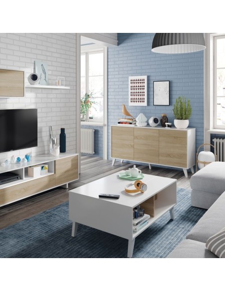 Mesa de centro Zaiken Plus estilo nórdico en blanco brillo y roble Canadian con tablero elevable.