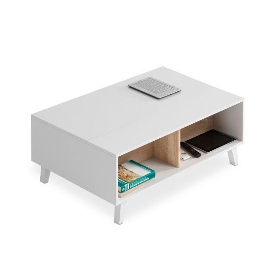 Mesa de centro Zaiken Plus estilo nórdico en blanco brillo y roble Canadian con tablero elevable.
