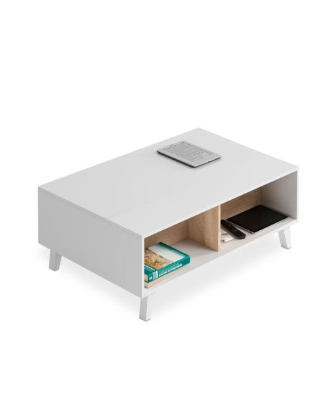 Mesa de centro Zaiken Plus estilo nórdico en blanco brillo y roble Canadian con tablero elevable.