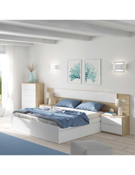 Cabezal Cama 150 cm con 2 Mesitas Blanco Artik y Roble Canadian