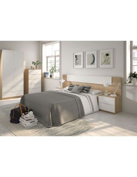 Cabezal Cama 150 cm con 2 Mesitas Blanco Artik y Roble Canadian