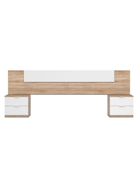 Cabezal Cama 150 cm con 2 Mesitas Blanco Artik y Roble Canadian