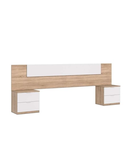 Cabezal Cama 150 cm con 2 Mesitas Blanco Artik y Roble Canadian