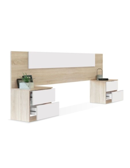Cabezal Cama 150 cm con 2 Mesitas Blanco Artik y Roble Canadian
