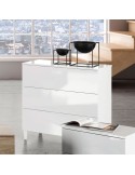 Cómoda Diva de 3 cajones sin tiradores, diseño compacto en melamina blanca con patas PVC blanco.