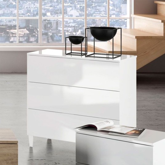 Cómoda Diva de 3 cajones sin tiradores, diseño compacto en melamina blanca con patas PVC blanco.