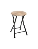 Taburete plegable estilo industrial con asiento de madera MDF natural y patas metálicas negras.