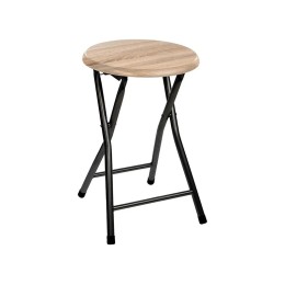 Taburete plegable estilo industrial con asiento de madera MDF natural y patas metálicas negras.