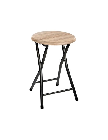 Taburete plegable estilo industrial con asiento de madera MDF natural y patas metálicas negras.