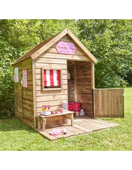 casita infantil de madera Heidi con terraza en jardín