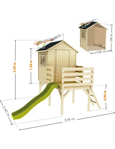 Casita de Madera Infantil Josephine con Tobogán y Balcón