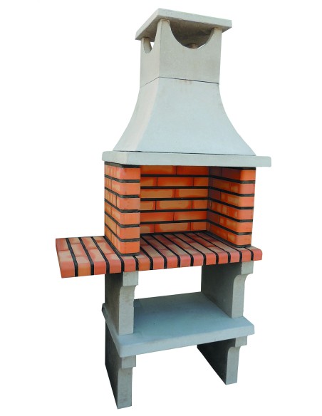 Barbacoa de obra con chimenea, encimera y mesa lateral