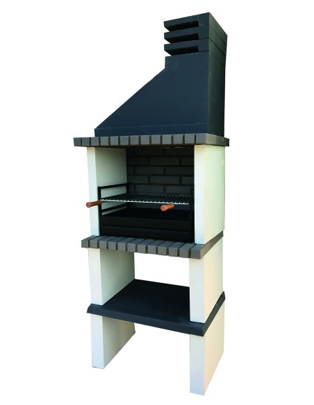 Barbacoa de obra gris con campana, encimera y repisa inferior.