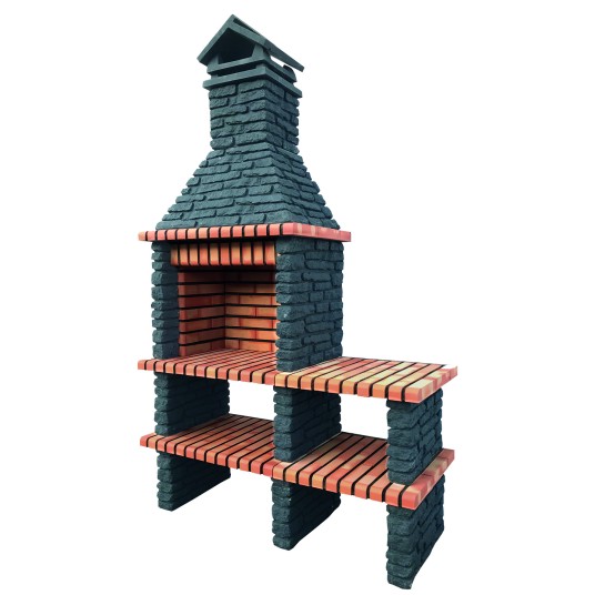 Barbacoa Rock Black 209b en ladrillo y cemento refractario con campana y bancada lateral.