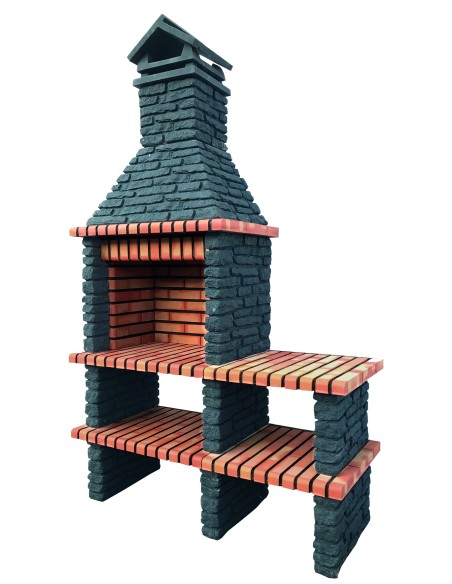 Barbacoa Rock Black 209b en ladrillo y cemento refractario con campana y bancada lateral.