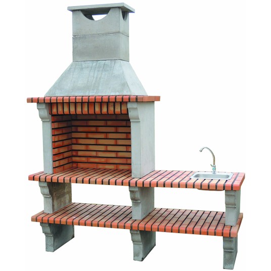 Barbacoa de obra con fregadero fabricada en cemento refractario y ladrillo.