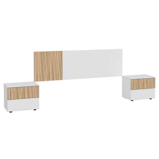 Conjunto cabecero nórdico blanco artik/natural con mesitas a juego